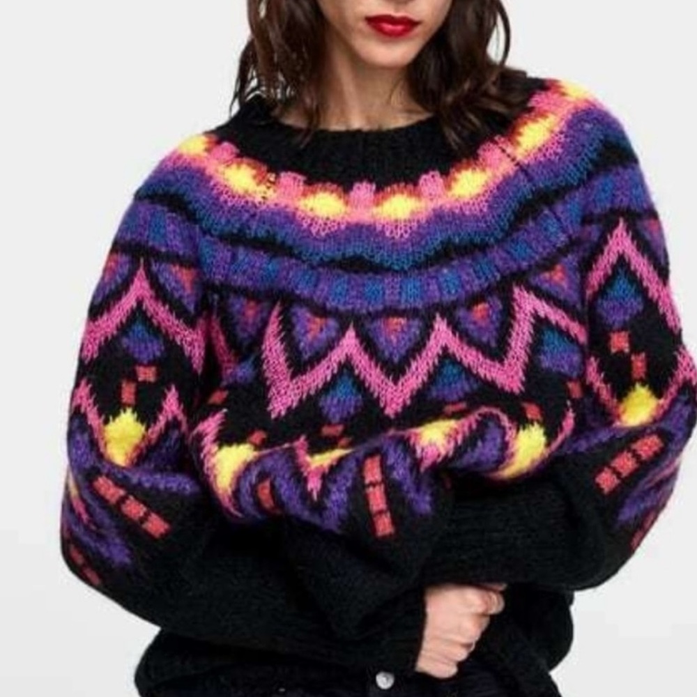 NWOT Zara Oversized Sweater Small Crewneck Long Sleeve Chunky Bright Mysterious